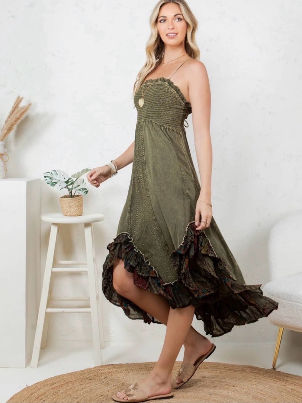 Young Threads NWT Boho Maxi Dress Hi-Low Ruffle Embroidered Multicolor